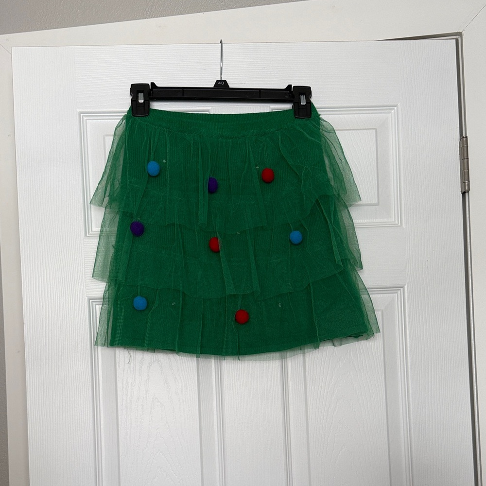 Planet Gold Green Mini Skirt with Pom Poms
